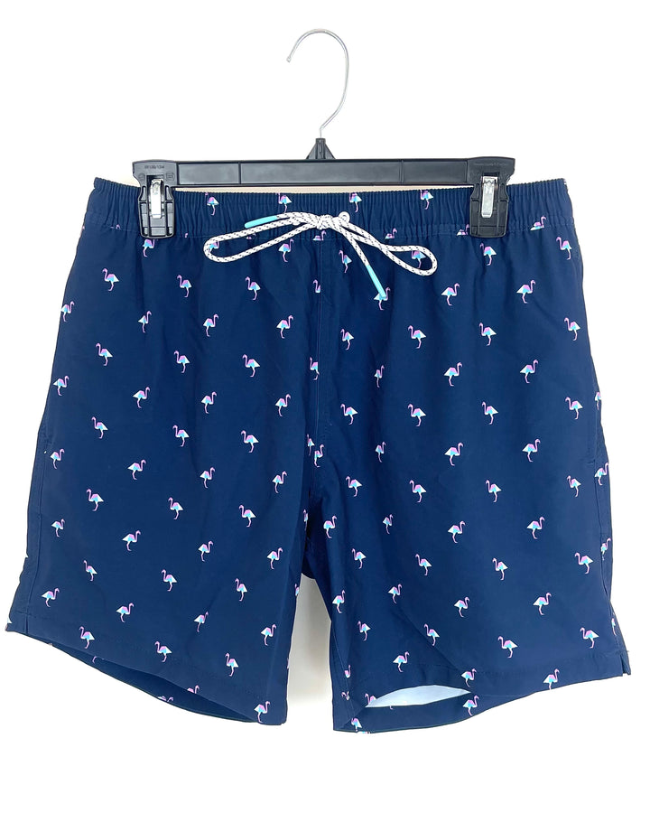 MENS Navy Swim Shorts With Purple Flamingos - Medium