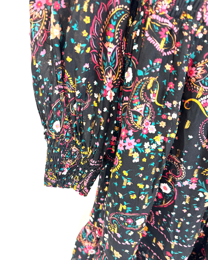 Black Long Sleeve Mini Dress with Multicolored Floral Print - Size 4