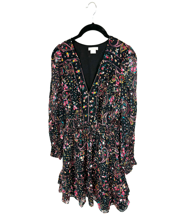 Black Long Sleeve Mini Dress with Multicolored Floral Print - Size 4