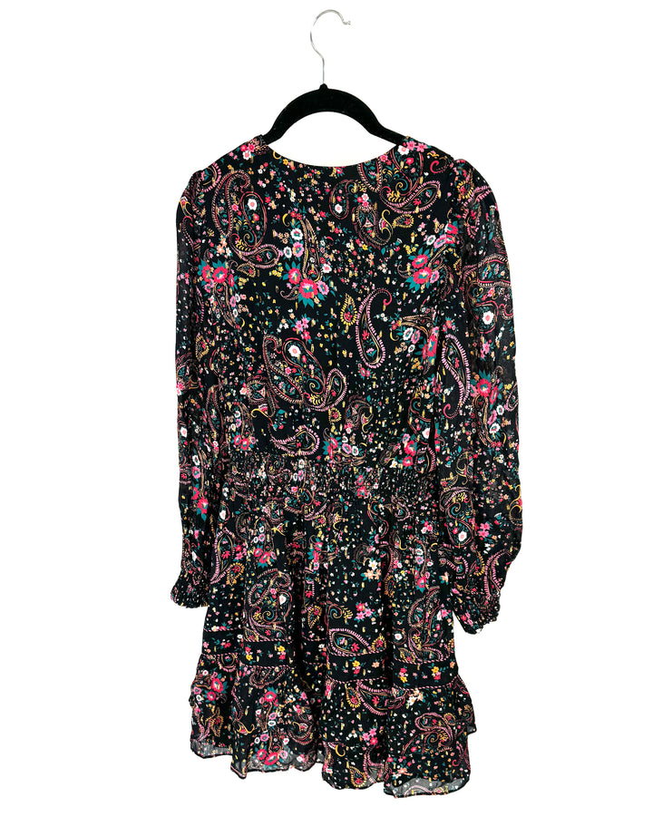 Black Long Sleeve Mini Dress with Multicolored Floral Print - Size 4