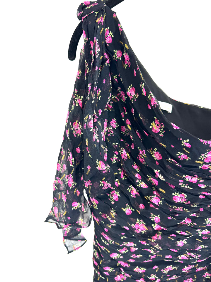 One Shoulder Black Floral Dress - Size 2/4