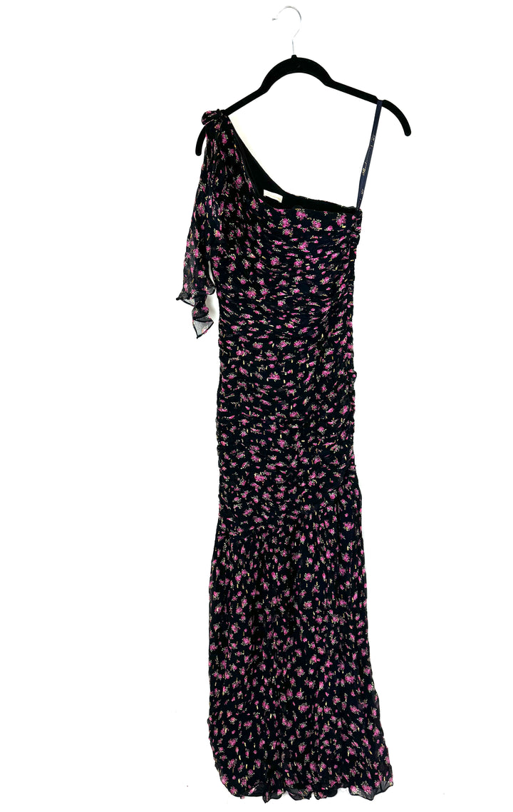 One Shoulder Black Floral Dress - Size 2/4