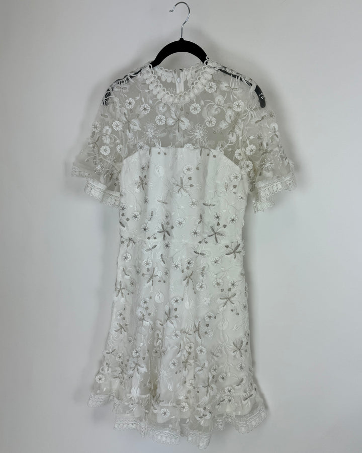 White Sheer Short Floral Dress - Size 4