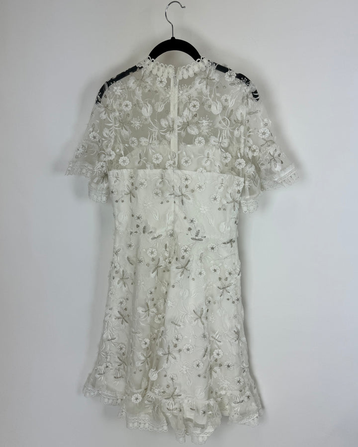 White Sheer Short Floral Dress - Size 4