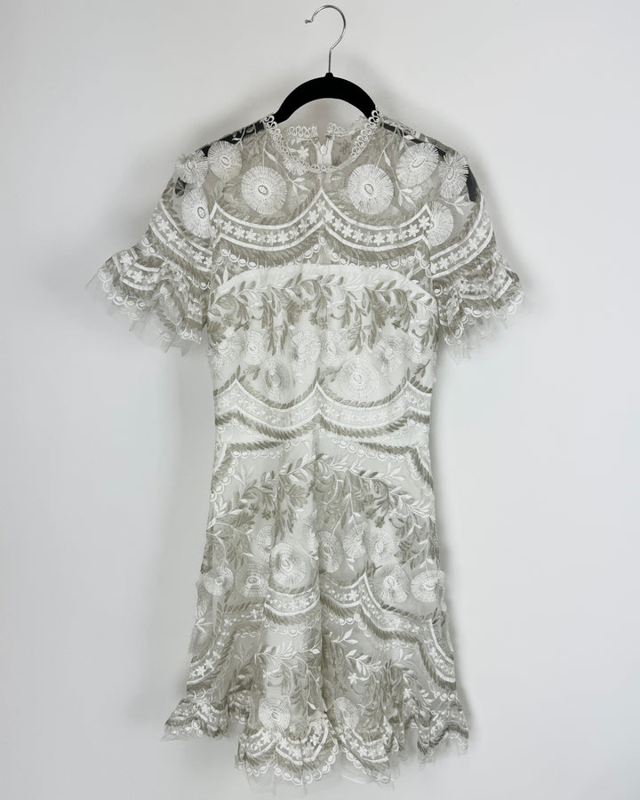 White Sheer Abstract Floral Short Dress - Size 4