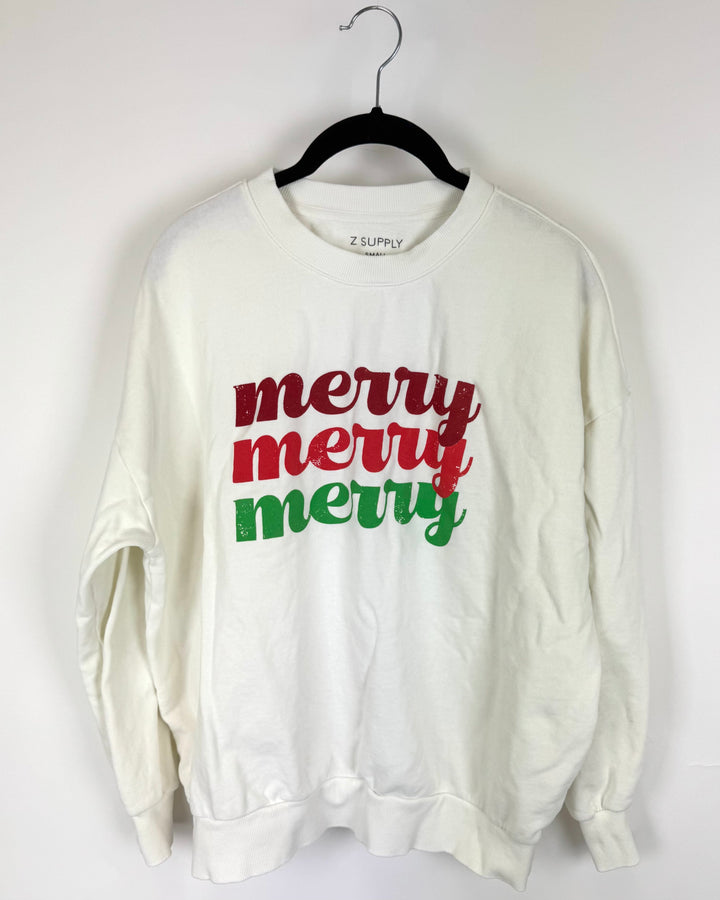 White "Merry" Graphic Crewneck Sweatshirt - Small