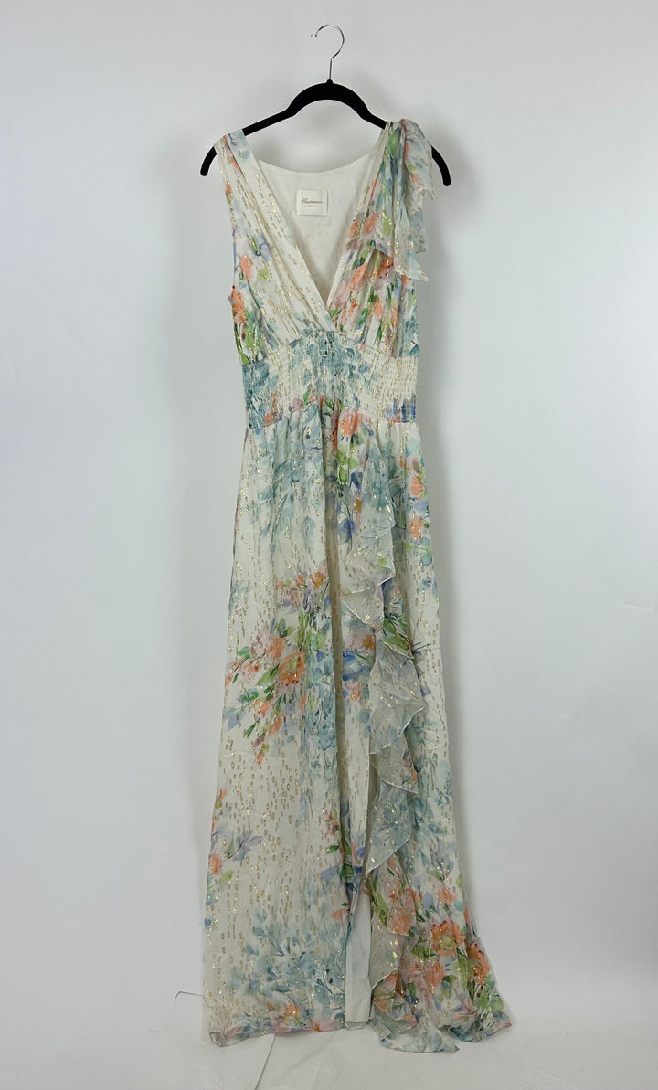 White Floral Watercolor Long Dress- Size 4/6