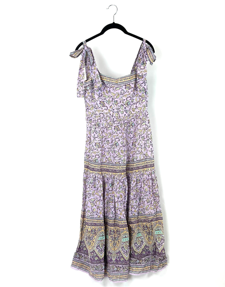 Purple Abstract Tie Shoulder Long Dress- Size 6