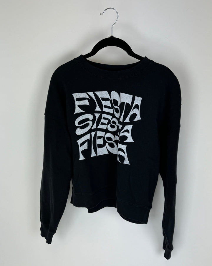 Black Cropped Graphic Crewneck Sweatshirt Top - Size 2/4