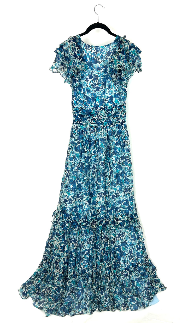 Water Colored Blue Floral Maxi Dress - Size 0/2