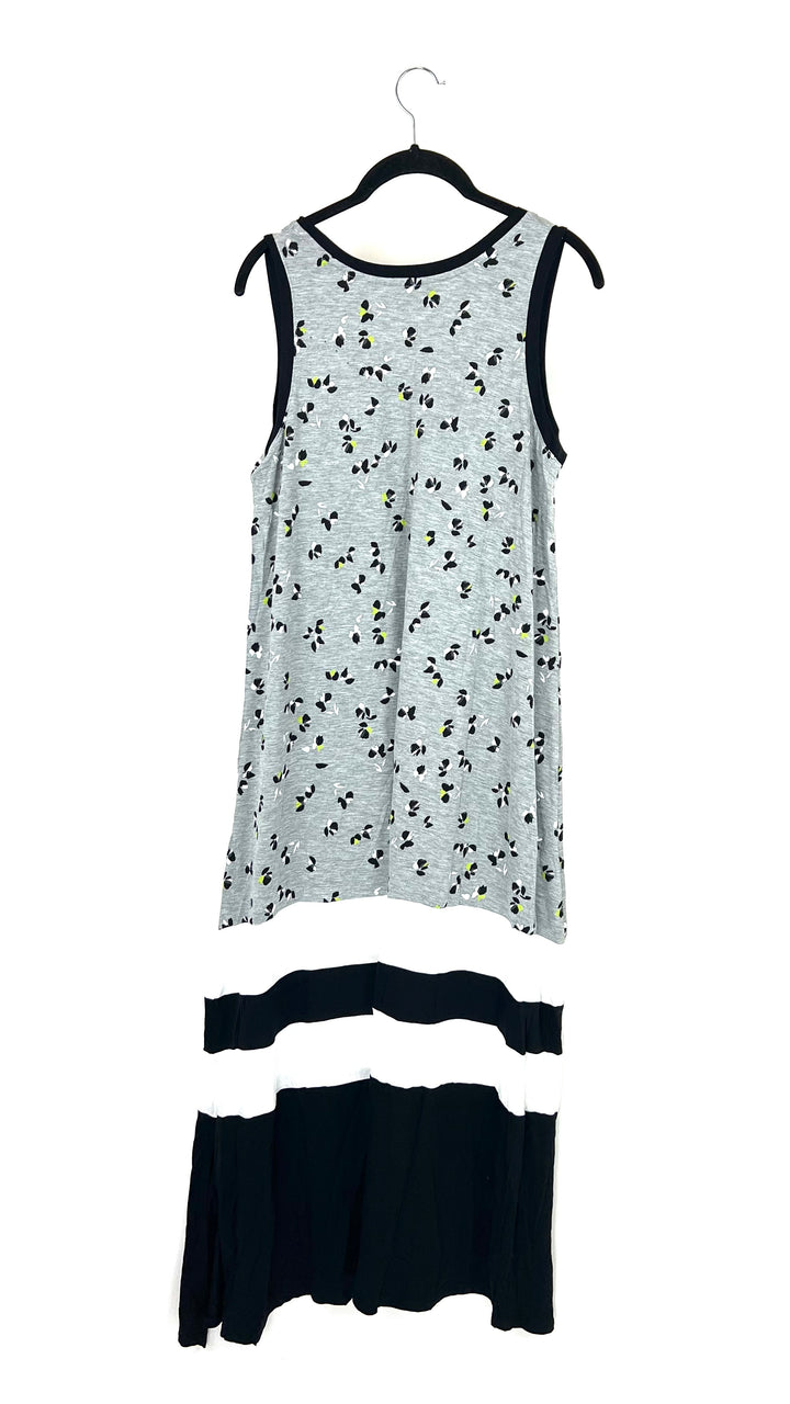 Long Gray Lounge Dress With White and Green Floral Pattern - Small