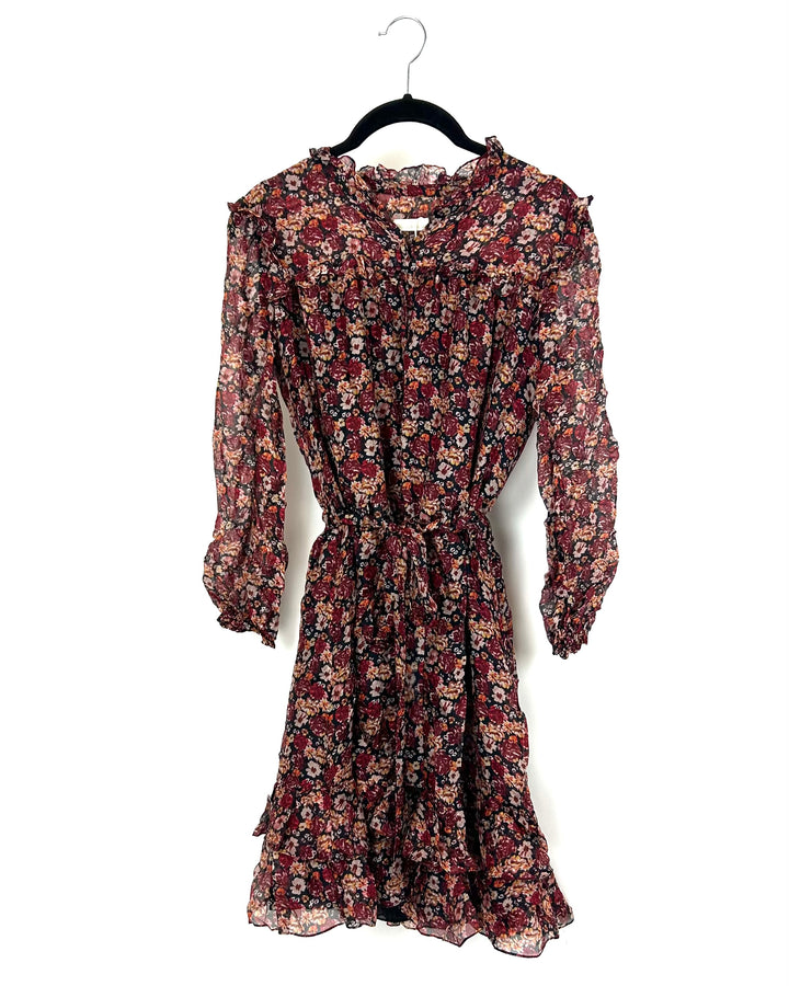 Burgundy Floral Print Ruffle Dress - Size 4/6