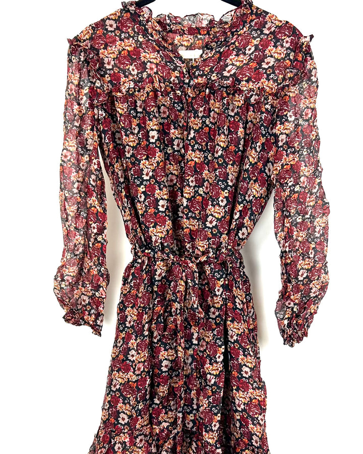 Burgundy Floral Print Ruffle Dress - Size 4/6