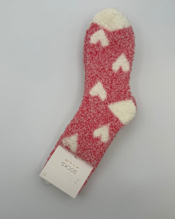 Coral and White Heart Patterned Fuzzy Socks - One Size