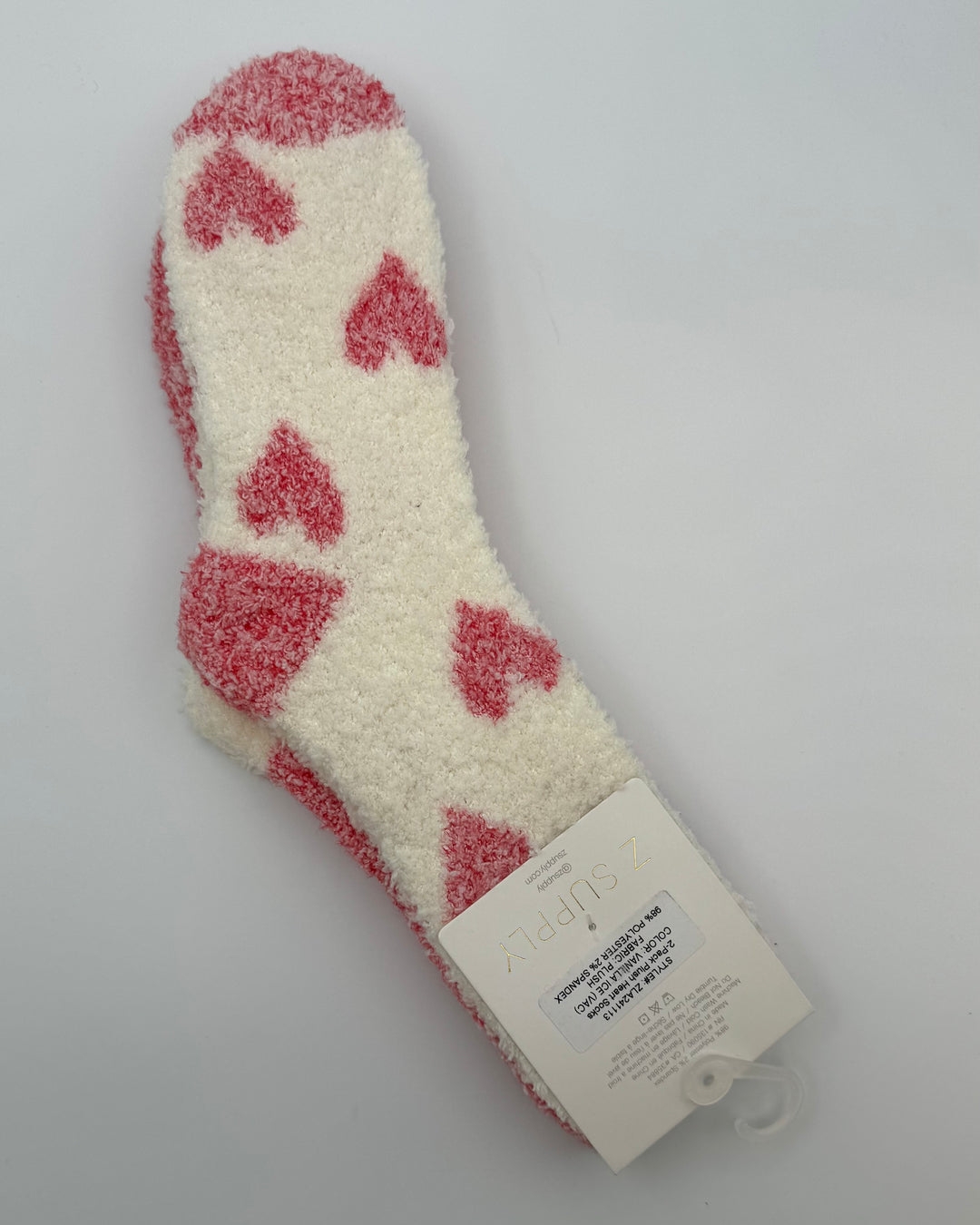 Coral and White Heart Patterned Fuzzy Socks - One Size