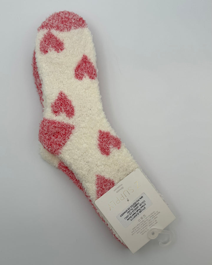 Coral and White Heart Patterned Fuzzy Socks - One Size