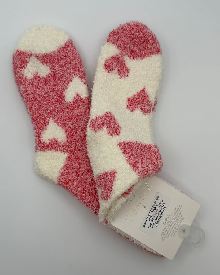 Coral and White Heart Patterned Fuzzy Socks - One Size