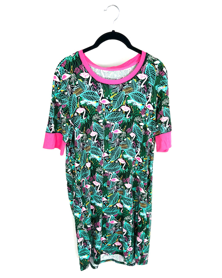 Green Flamingo Print Sleep Dress - Small