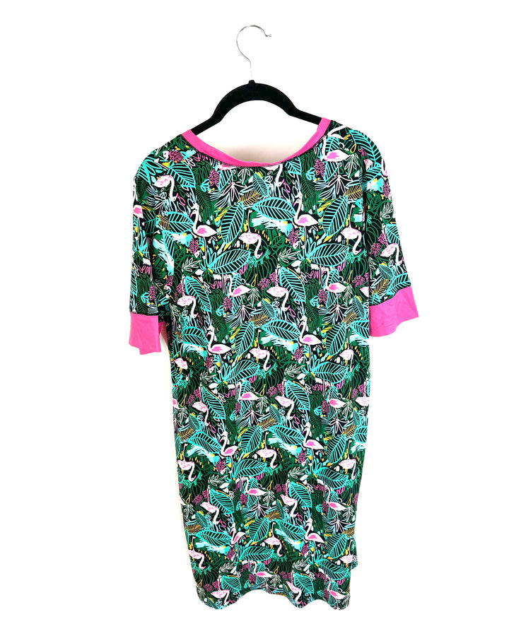 Green Flamingo Print Sleep Dress - Small