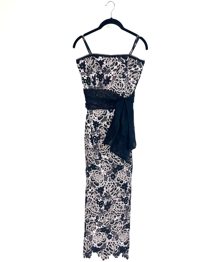 Pink and Black Floral Lace Maxi Dress - Size 4
