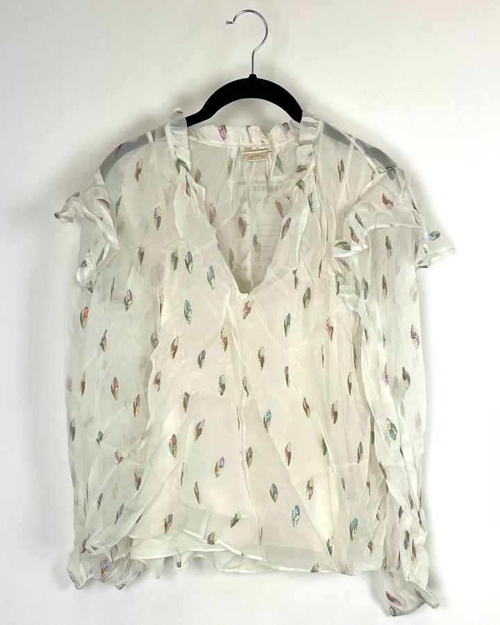 White Blouse with Colorful Shimmer Print- Small