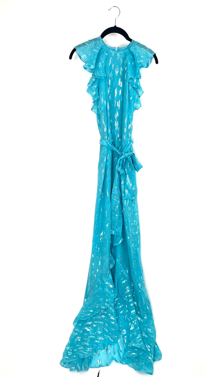 Turquoise Metallic Cheetah Print Maxi Dress - Size 0/2