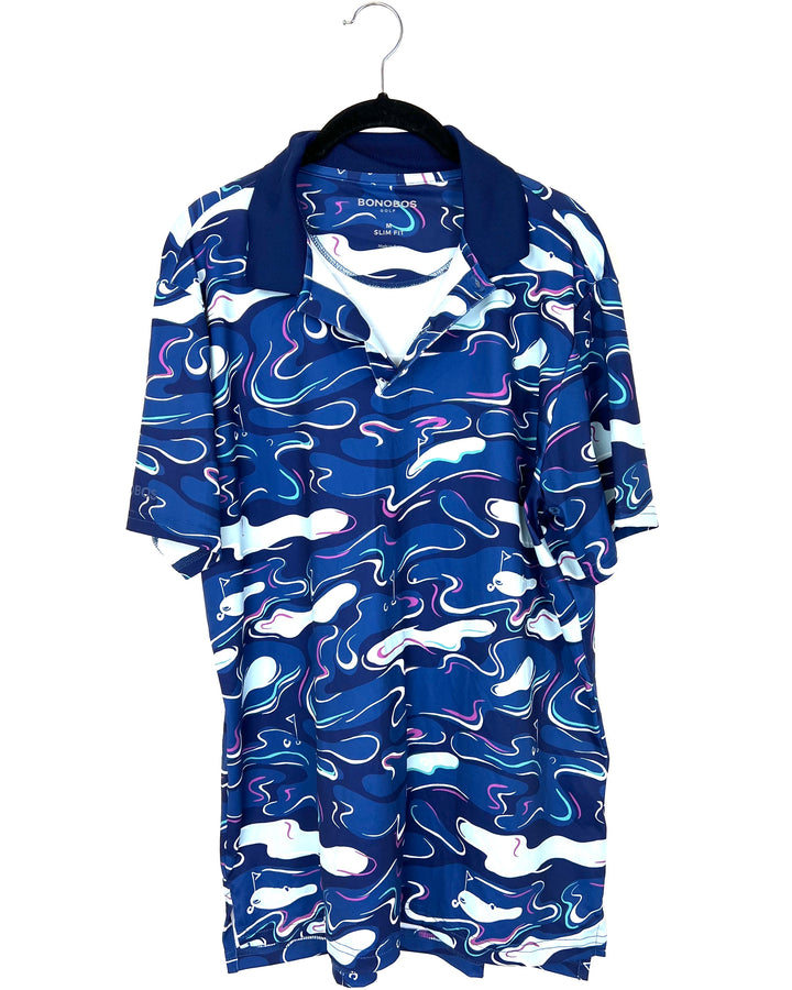 MENS Blue Abstract Print Golf Shirt - Slim Medium