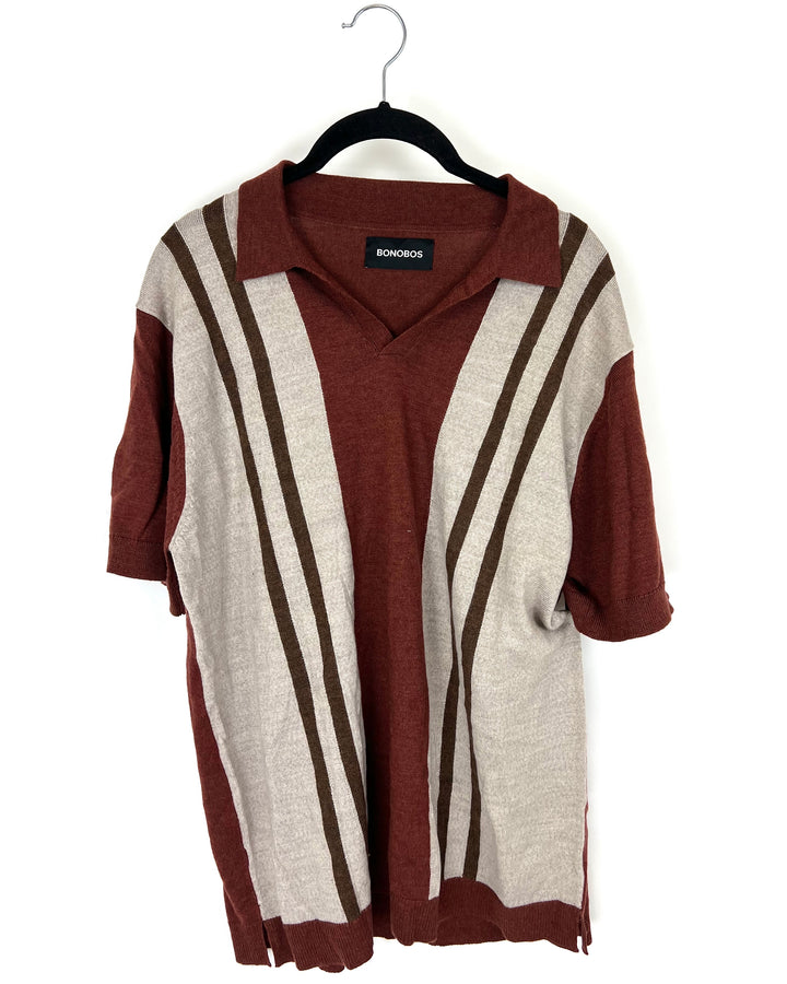 MENS Maroon and Brown Striped Polo - Medium