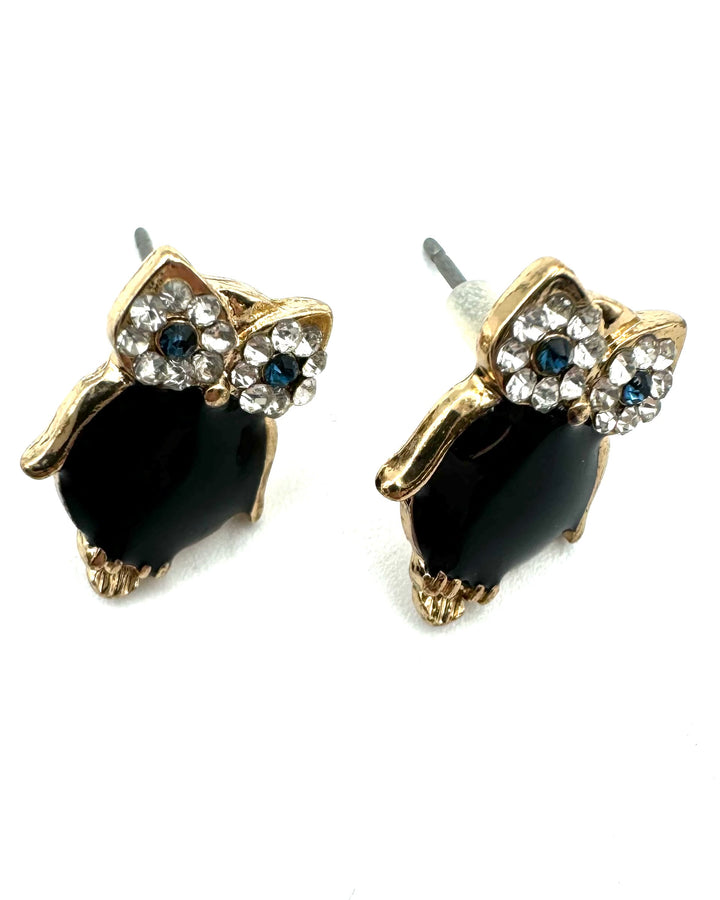 Gold Owl Earring with Black Gem