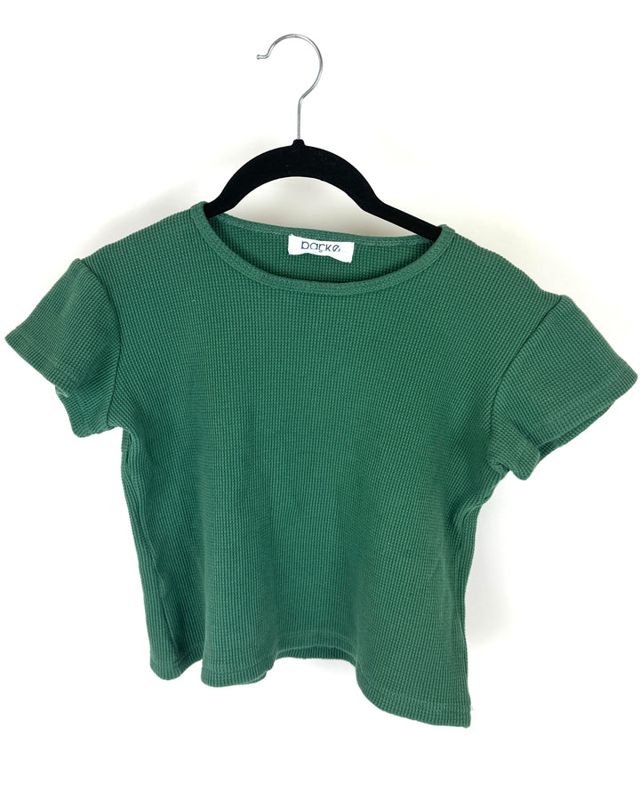 Green Waffle Short-Sleeved Cropped Top - Small