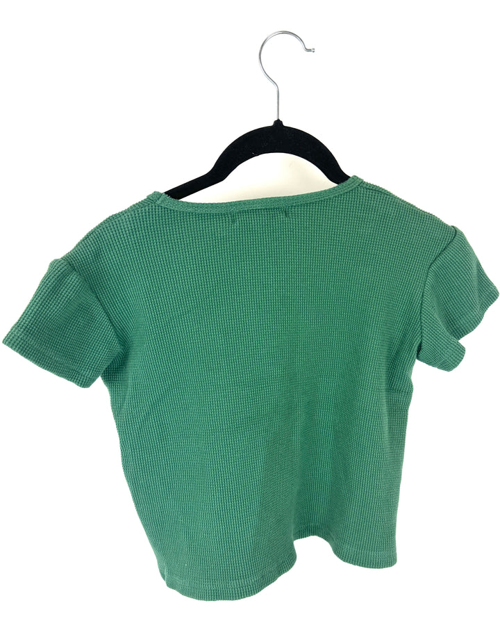 Green Waffle Short-Sleeved Cropped Top - Small