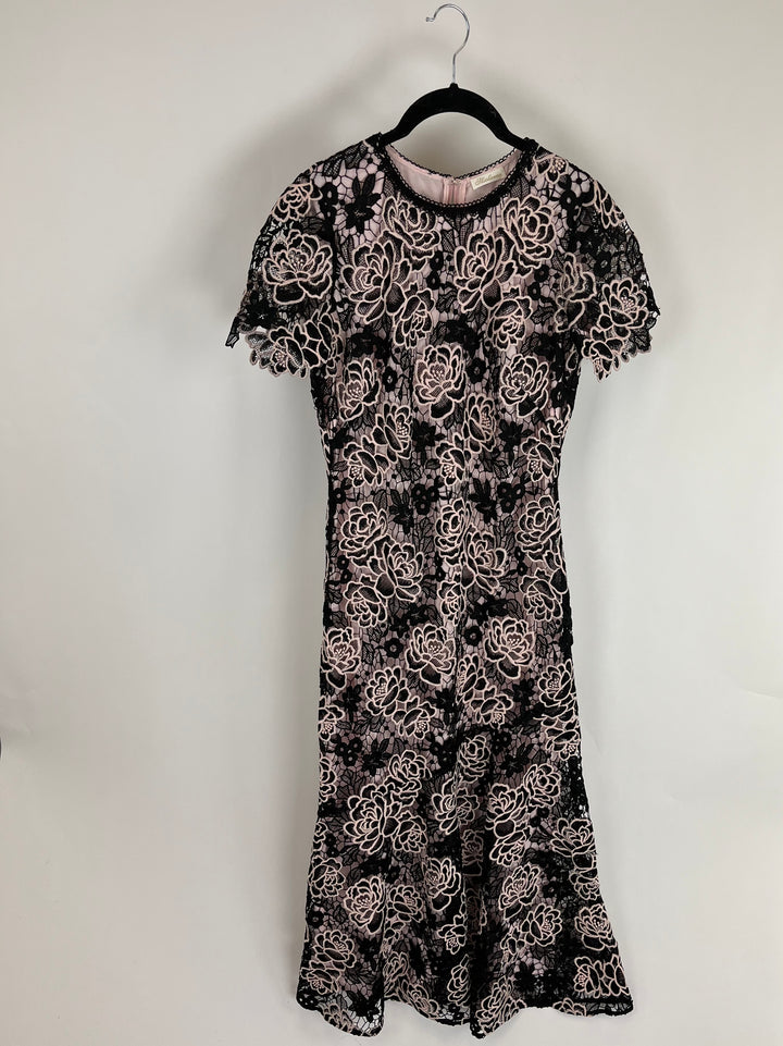 Black & Baby Pink Floral Lace Dress- Size 6