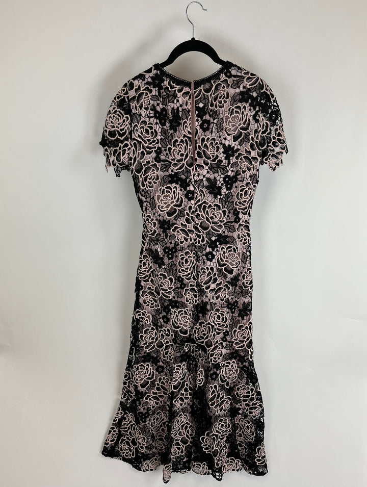 Black & Baby Pink Floral Lace Dress- Size 6