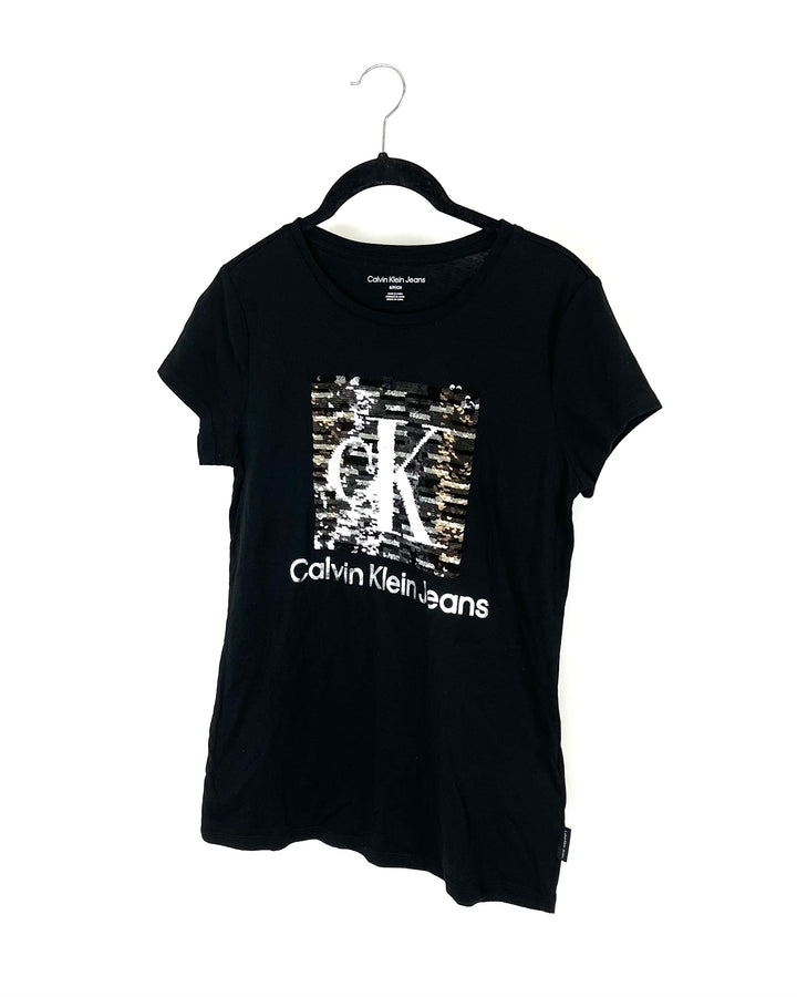 Black Sequin Logo Short Sleeve Top - Small