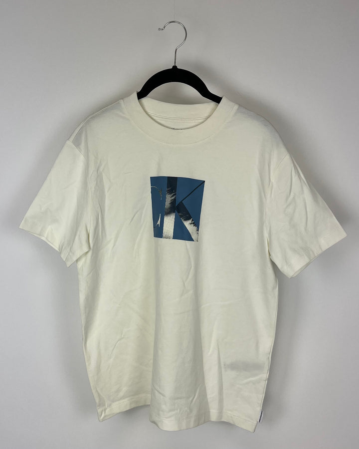 White and Blue Logo Short Sleeve Top - Small