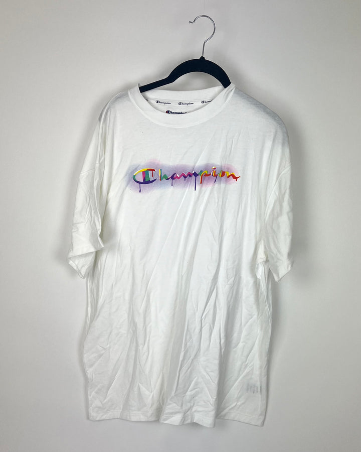 MENS White T-Shirt with Rainbow Logo - Medium