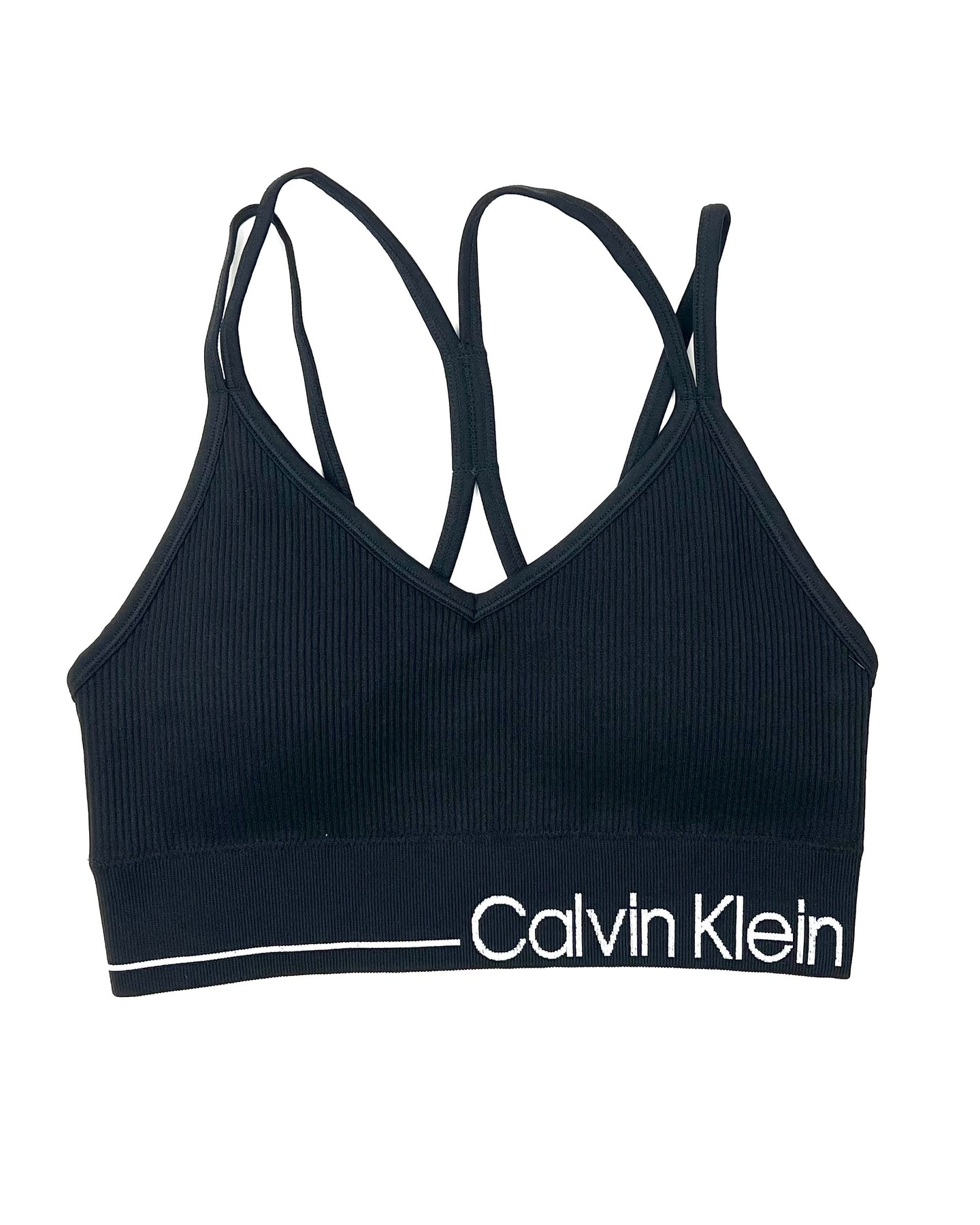 Calvin Klein Black Ribbed V-Neck Sports Bra - Small
