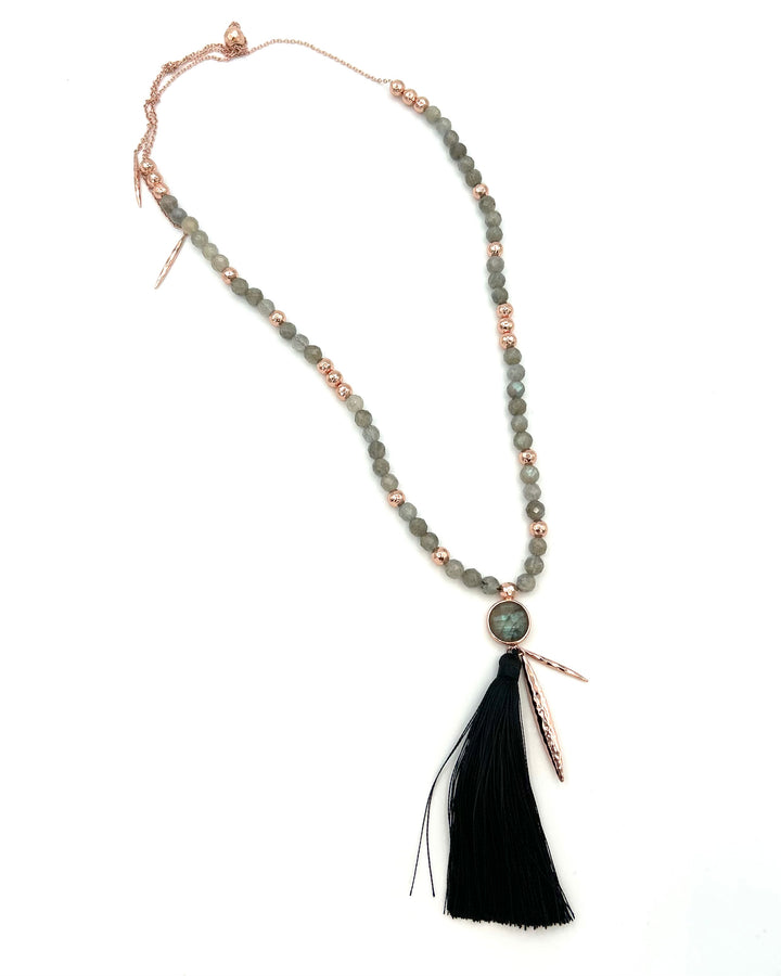 Grey and Rose Gold Beaded Necklace with Tassel