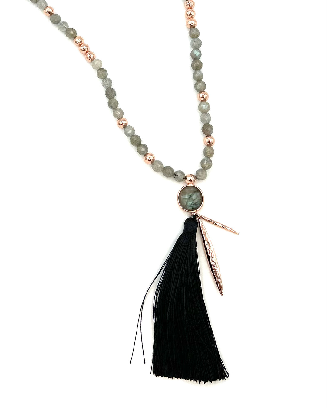 Grey and Rose Gold Beaded Necklace with Tassel