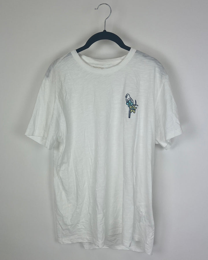 MENS Parrot Embroidered White Short Sleeve - Medium