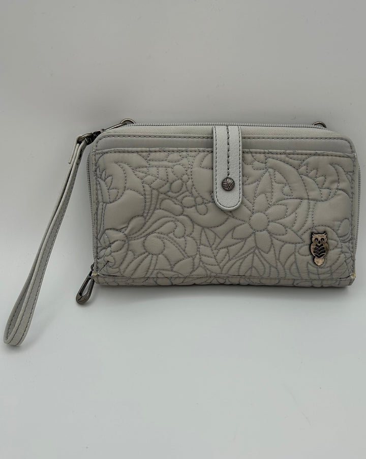 Light Gray Floral Stitching Wristlet / Crossbody Bag