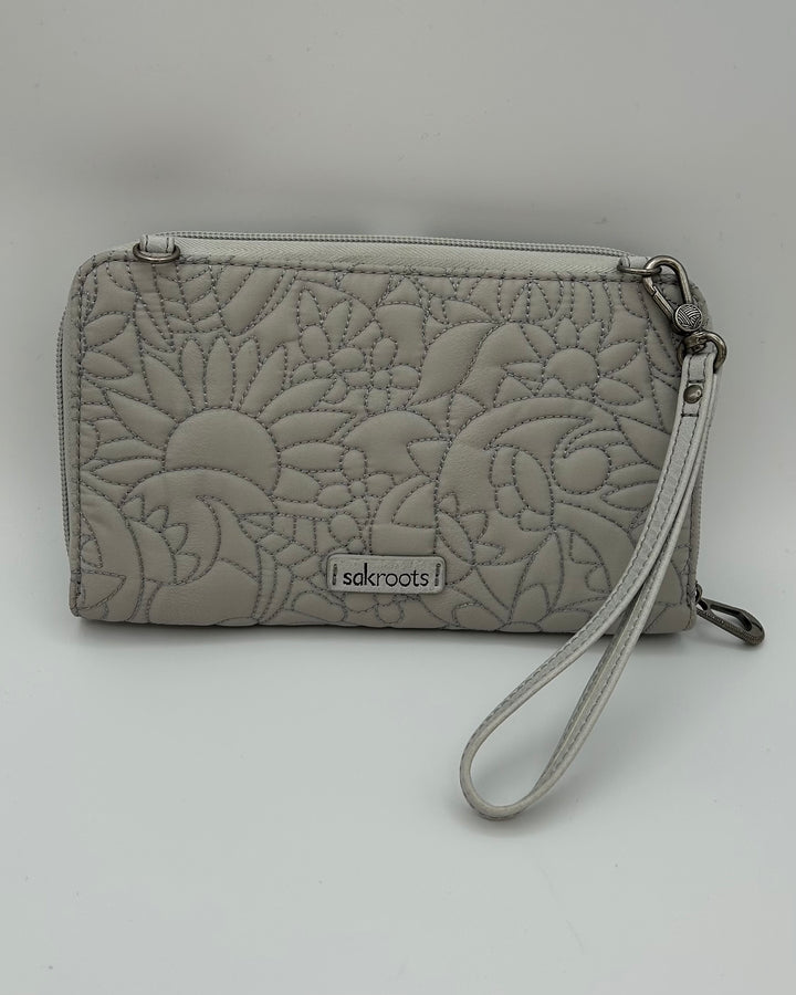 Light Gray Floral Stitching Wristlet / Crossbody Bag