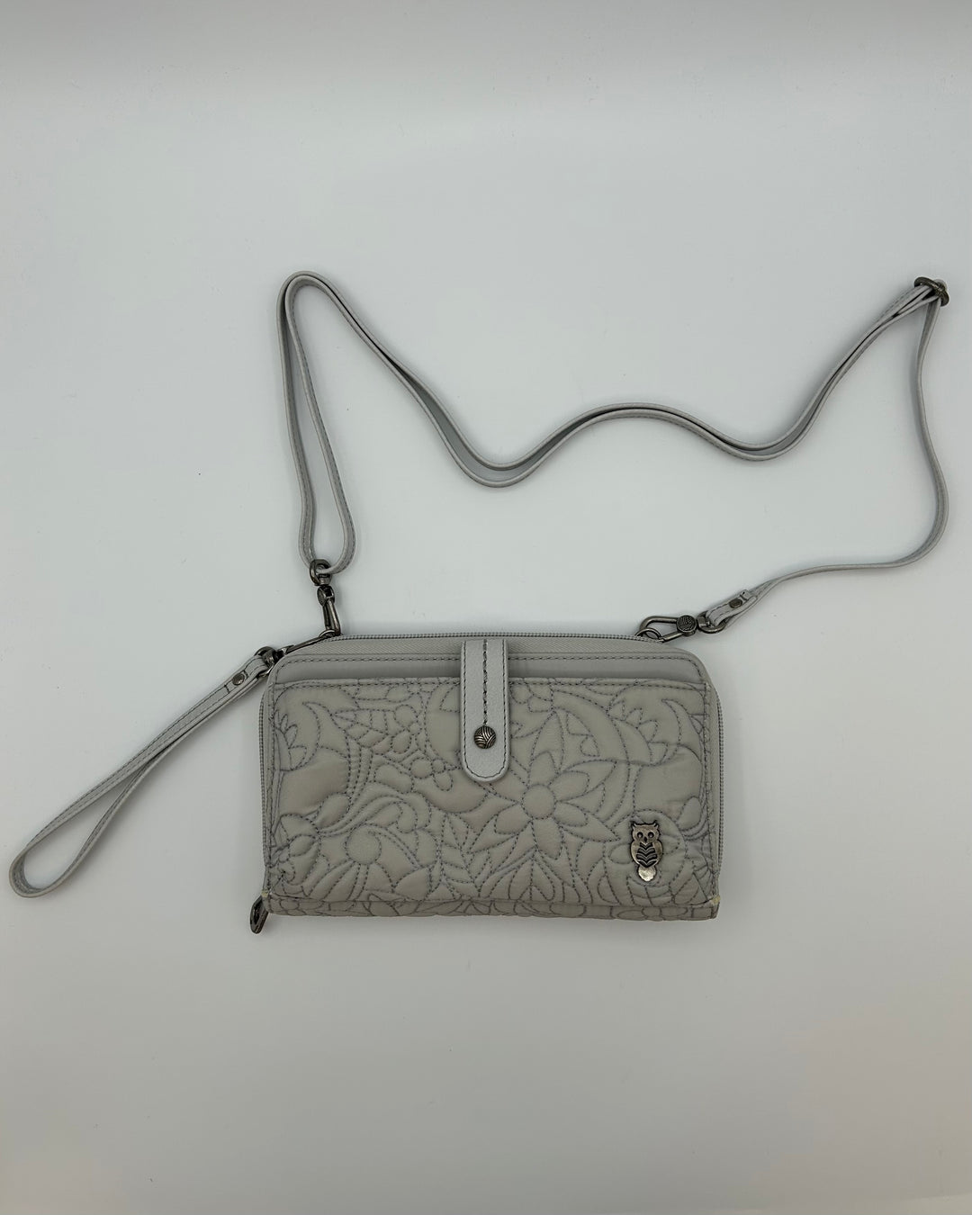 Light Gray Floral Stitching Wristlet / Crossbody Bag