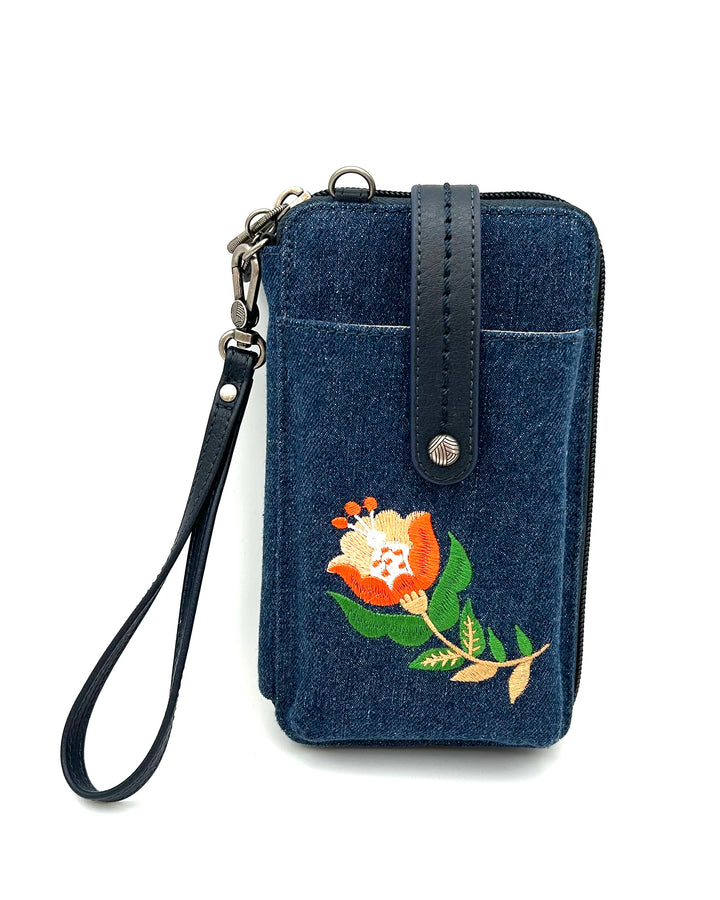 Blue Denim Wristlet / Crossbody with Embroidered Orange Flower