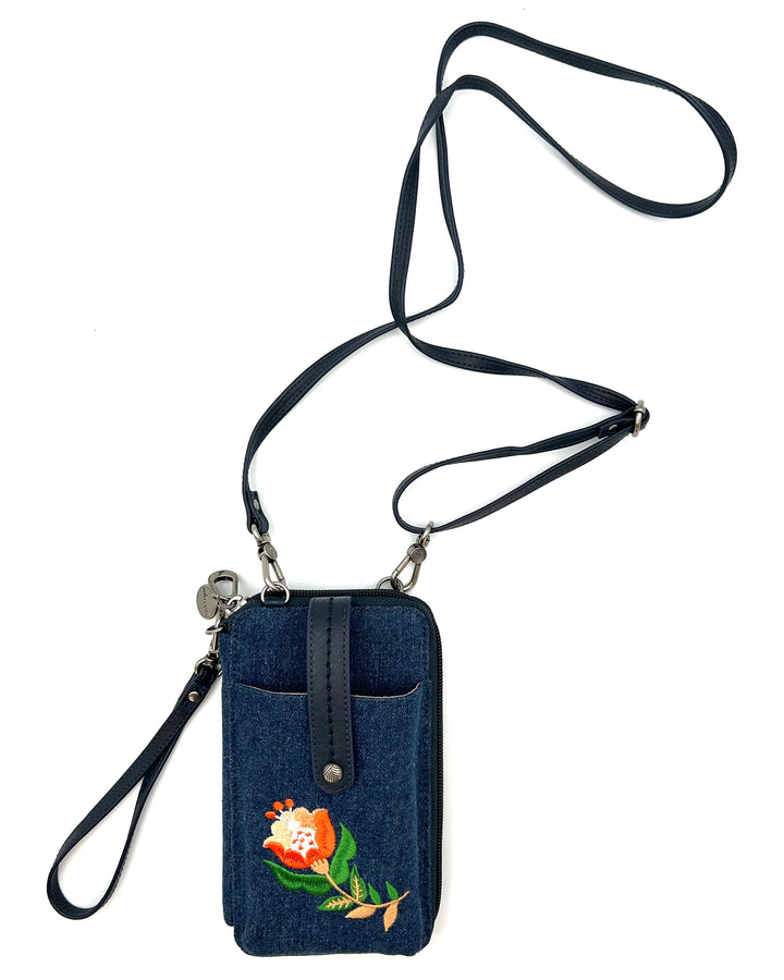 Blue Denim Wristlet / Crossbody with Embroidered Orange Flower