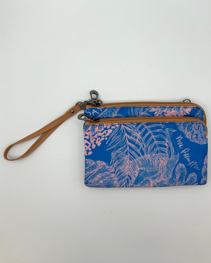 Blue and Pink Tropical Print Wristlet / Crossbody