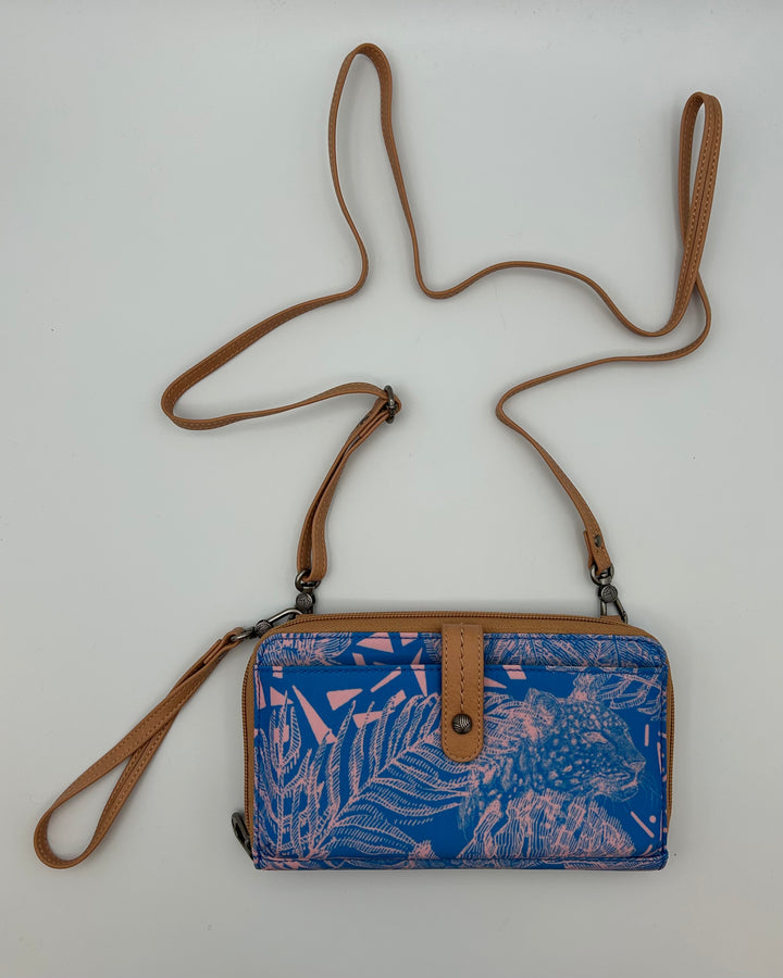 Blue and Pink Tropical Print Crossbody Bag / Wristlet