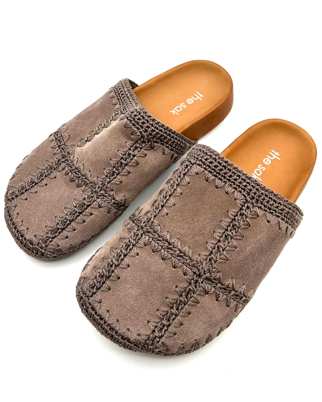 Taupe Leather & Crochet Clogs - Size 6