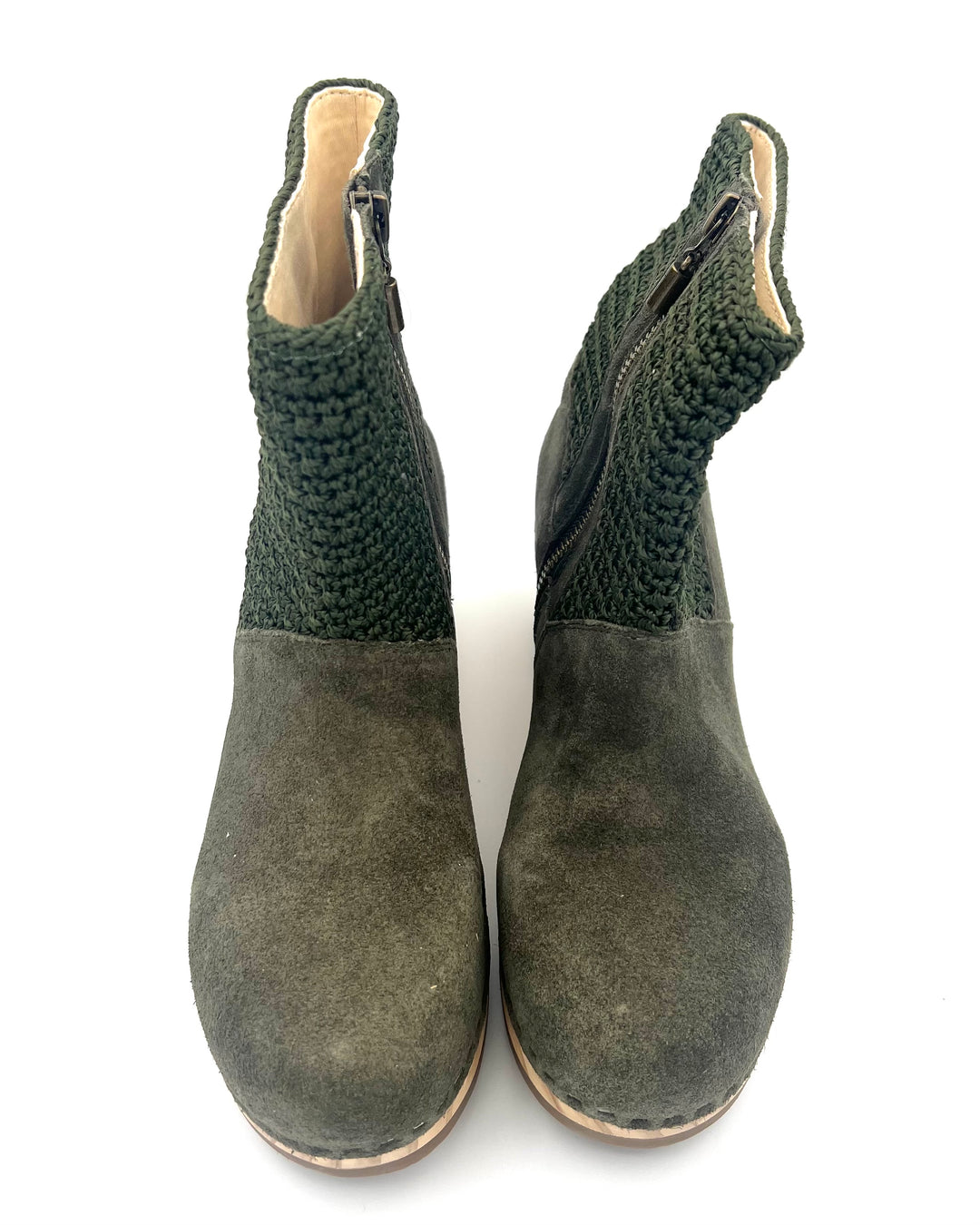 Olive Green & Woven Clog Boots - Size 6