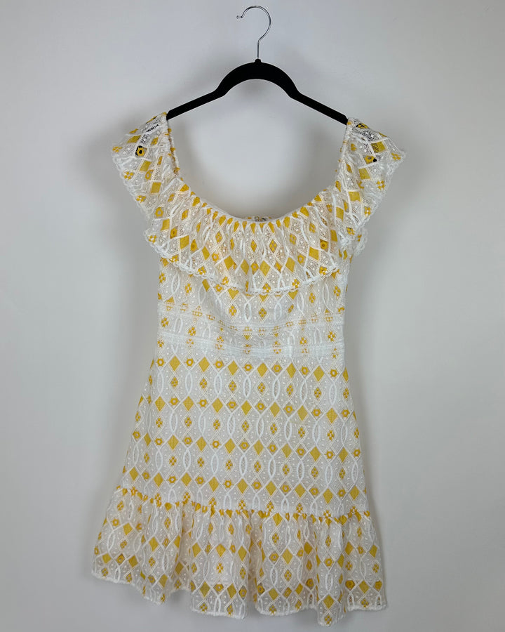 White And Yellow Off The Shoulder Dress - Size 4